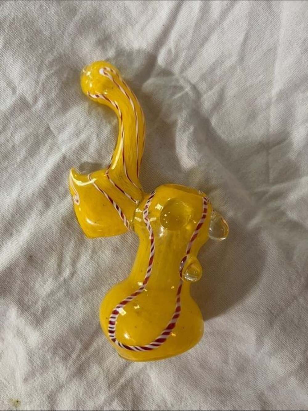 Yellow Hand-Blown Glass Bubbler  with Red-White Swirl